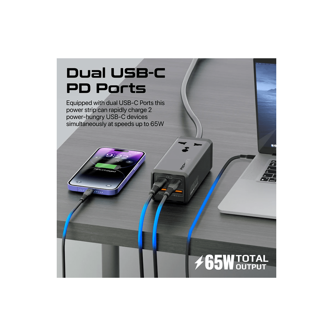 Promate PowerBrix-GaN65 65W GaNFast™ Multi-Port Power Strip with Universal AC Socket in Qatar Promate PowerBrix-GaN65 65W GaNFast™ Multi-Port Power Strip with Universal AC Socket in Qatar